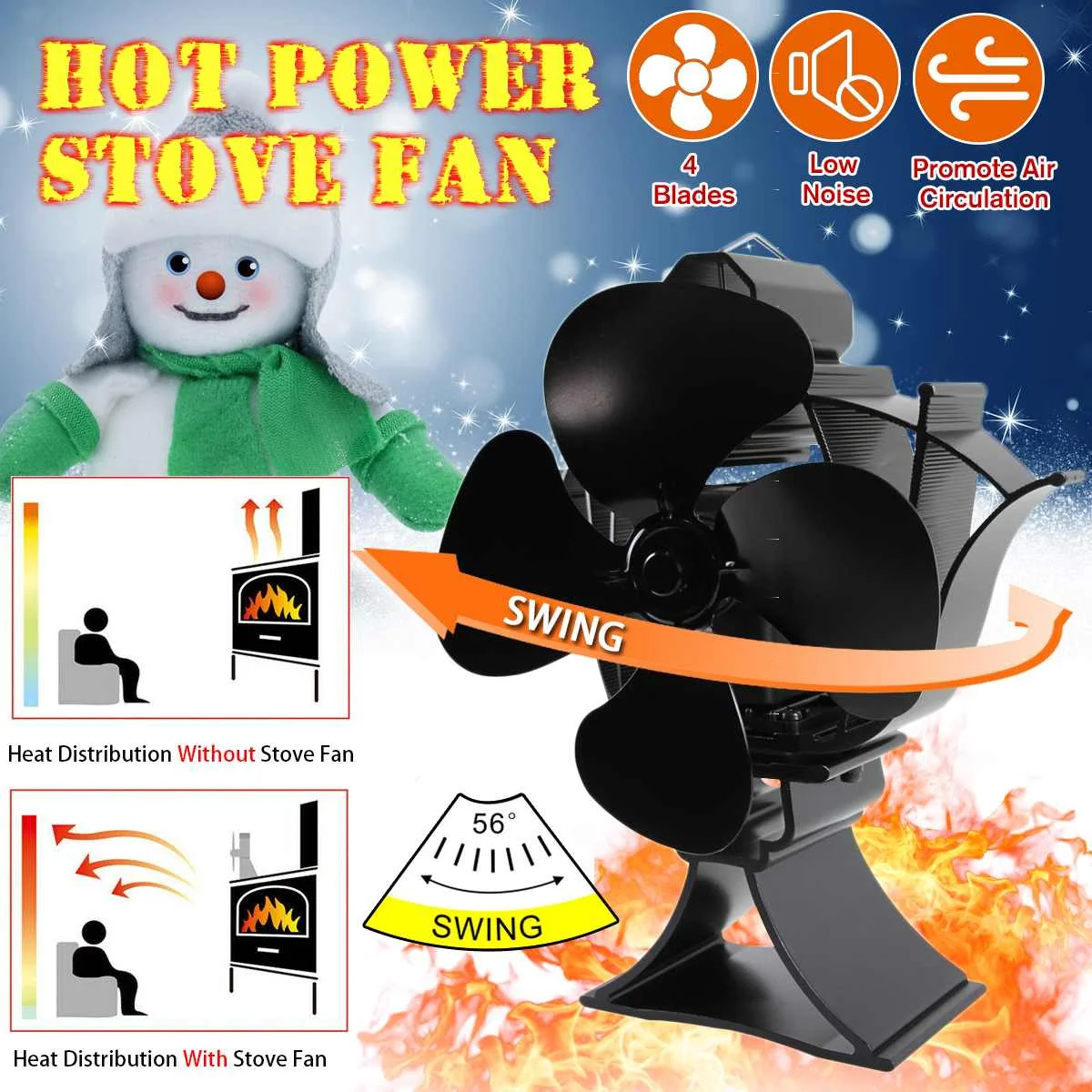 

Black Swing Fireplace 4 Blade Heat Powered Stove Fan Log Wood Burner Eco Friendly Quiet Fan Home Efficient Heat Distribution