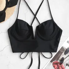 ZAFUL v-вырез на косточках бикини с застежкой крест-накрест Топ черный сплошной цвет стринги купальники можно сделать внутренний бюстгальтер