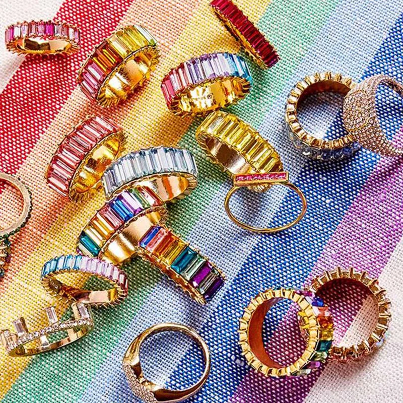 

AOTEMAN Brand Copper Rainbow Ring Colorful Multi Color CZ Eternity Baguette Finger Gold Ring Women Females Jewelry Accessories