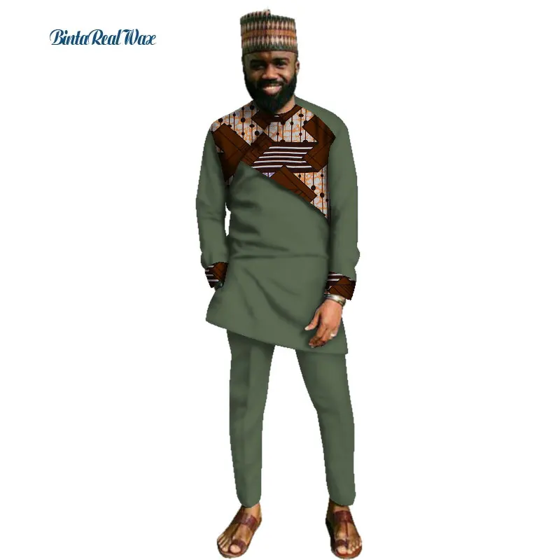 Традиционная одежда в африканском стиле, Мужская одежда, хлопковый лоскутный Топ и штаны, комплекты, Африканский принт, комплекты из 2 предметов, WYN423 - Цвет: 11
