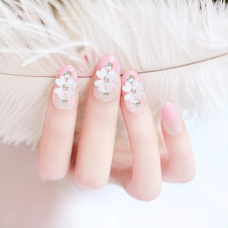 

24pcs faux nail Light Pink Fake Nail Glitter Round False Nails Tips 3D Flower Patterns Artificial French Nail Manicure Tools