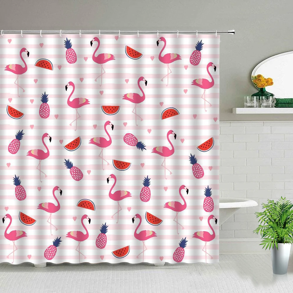 

Cartoon Animal Flamingo Pineapple Watermelon Print Shower Curtain Waterproof Frabic Bath Screen Bathroom Curtains With Hooks