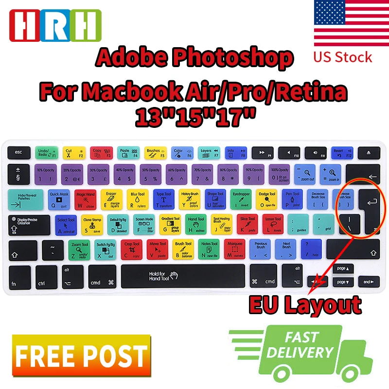 HRH Spanish Hot key Shortcut Function Silicone Keyboard Cover Skin for MacBook Air 13,Macbook Pro 13//15//17 /&Older iMac EU Layout-PS Adobe Photoshop with or w//out Retina Display, 2015 or Older Version
