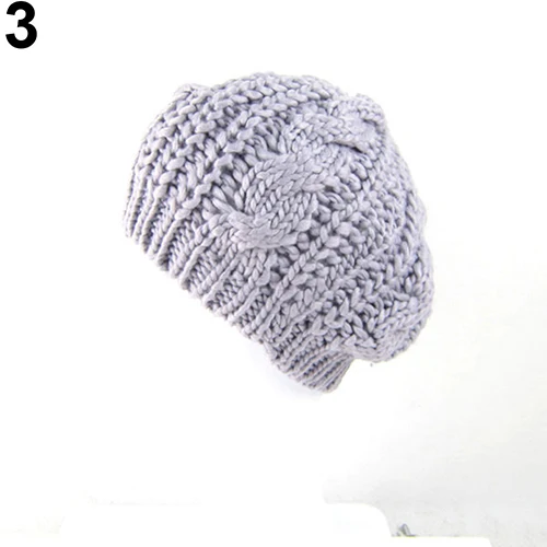 Women Sweet Crochet Warm Solid Color Beret Artist Baggy Beanie Winter Hat Gift