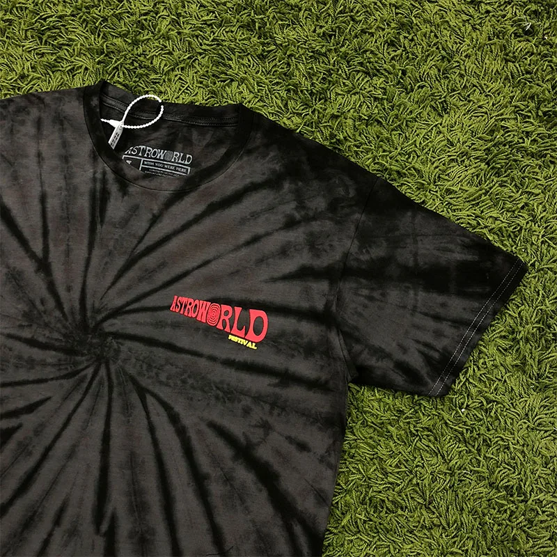 Трэвиса Скотта Astroworld Festival Run Tie Dye Футболка мужская и женская ASTROWORLD уличная хип-хоп Футболка Трэвиса Скотта