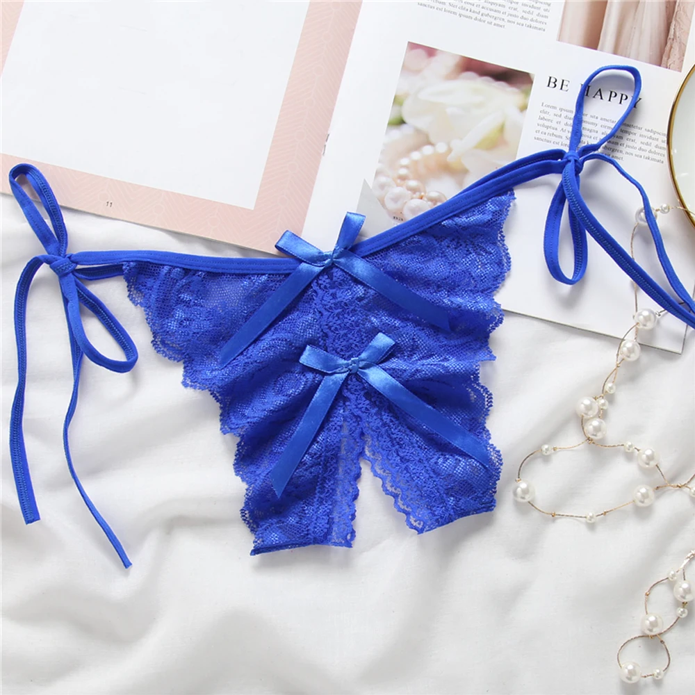 Blue Женские сексуальные стринги с кружевными бантиками и ремешками, трусики с открытой промежностью, нижнее белье с Т-образной спинкой, стринги, нижнее белье - Цвет: Blue