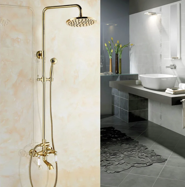 Gold Color Brass Wall Mounted Shower Set Faucet Dual Handle with Hand Sprayer Bathroom Mixers 8" Rainfall zgf362 | Обустройство
