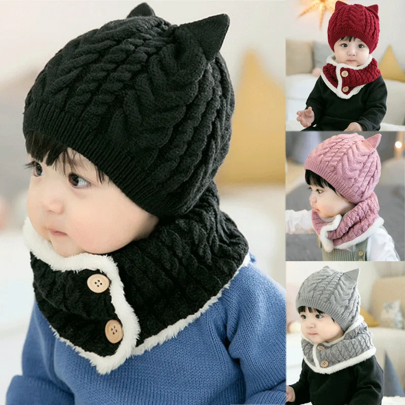 Детский шарф с капюшоном для маленьких мальчиков и девочек, шапка, зимний теплый вязаный шарф с клапаном