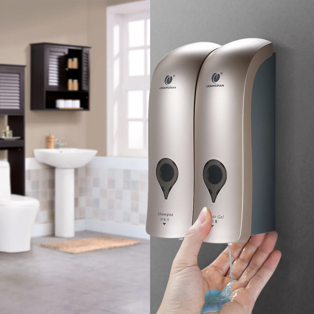 

CHUANGDIAN NO Drilling Wall Mounted Soap Dispenser Double-Head Manual Soap Dispenser Bathroom Liquid Shampoo Dispenser 300ml*2