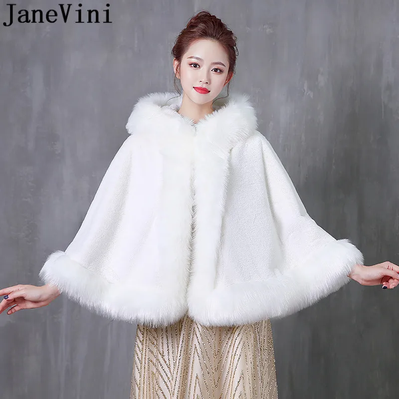 JaneVini Winter Women Fur Coat with Hat Hooded Fur Wrap Wedding Dress White Shrugs Cloak Capes Stoles cape mariage|Wedding Jackets / Wrap| - AliExpress