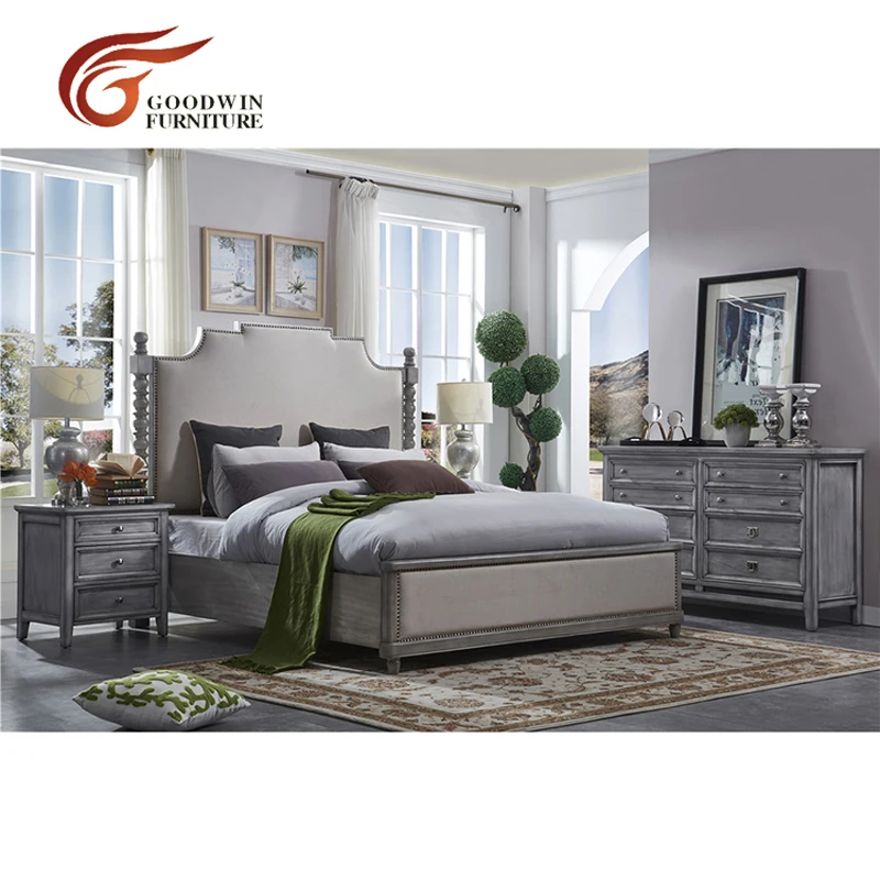 

Grey color king bed new design wooden bedside table and drawer chest WA401