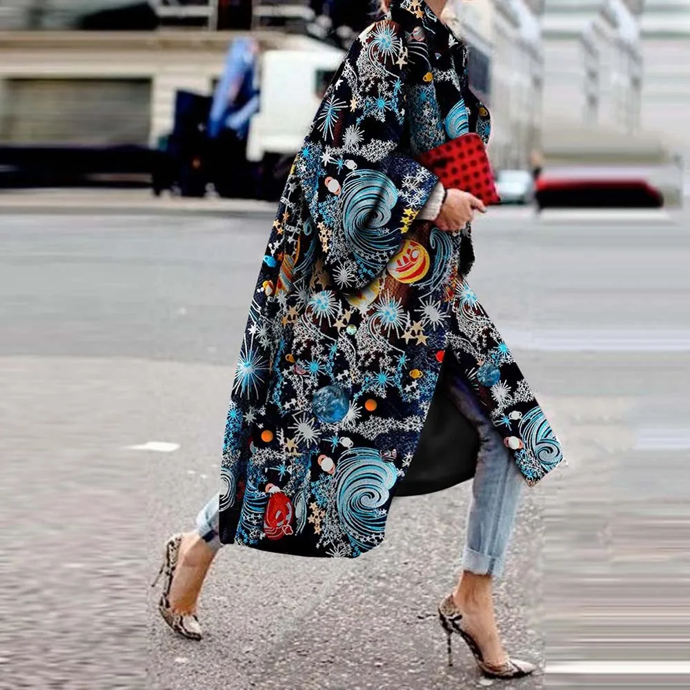 Модный Тренч с принтом звезды, женское длинное пальто, Осень-зима размера плюс с расклешенными рукавами, дизайнерское Бохо уличное повседневное пальто