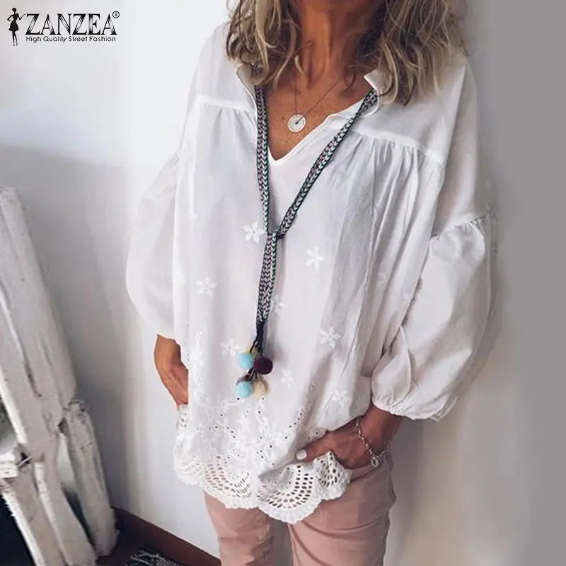 

Autumn Embroidered Hollow Out Blouse ZANZEA Fashion Party Tunic Tops 2019 Women Sexy Solid V Neck Cotton Shirts Famele Blusas