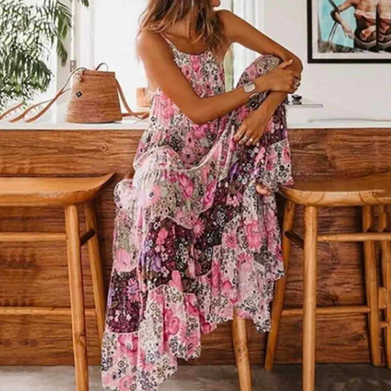 

Women Vintage Bohemian Summer Maxi Dress Print Floral Sleeveless O-Neck Straps Long Dress Casual Praty Dresses Beach Dresses new