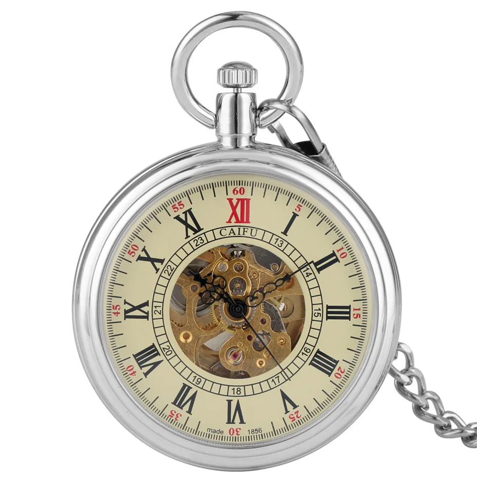 

Vintage Roman Numeral Self Winding Mechanical Pocket Watch Silver Open Face Pendant Watch Golden Skeleton Automatic Pocket Clock