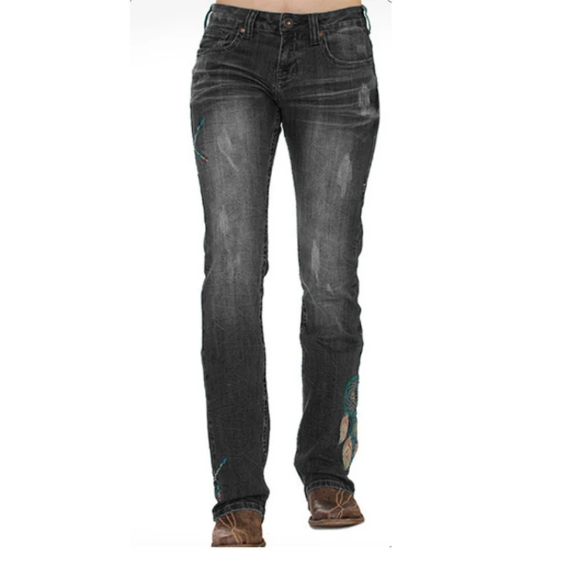 Factory direct sales Amazonwish hot-selling women's jeans feather embroidered slim size women's jeans