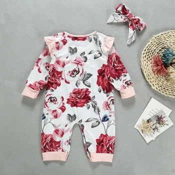 

Fashion Pink Flower Print Baby Girl Romper Toddler Long sleeve Cotton Newborn jumpsuit playsuit and headband outfits clothes set