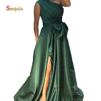 

One Shoulder Long Evening Gowns Green Satin A-Line Pleats Side Leg Slit Sexy Evening Dresses Simple Prom Gowns with Bow D1453