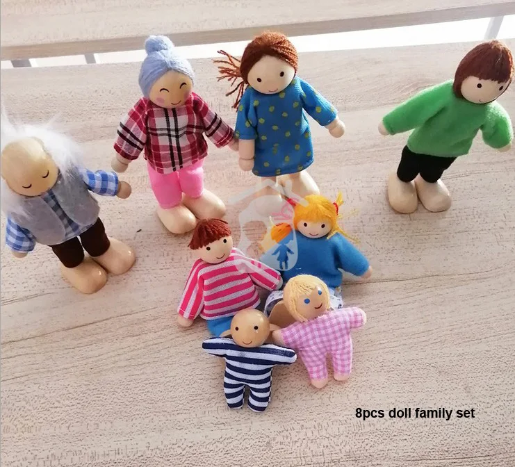 Happy doll family miniature 6 people set toy wooden jointed dolls children muppet pretend toys story-telling dressed characters 10