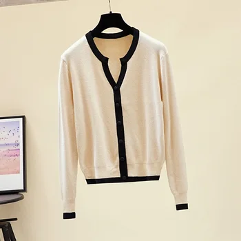 

Ladies Contrasting Color V-neck Long Sleeve Button Knitted T-shirt New gray