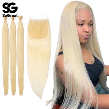

613 Blonde Straight Short human hair bundles with closure brazilian Natural hair weave extensions For Black Women Remy FirstWig