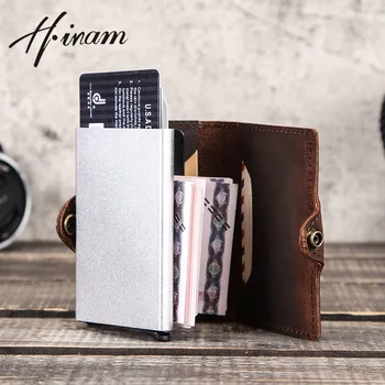 

Hiram genuine crazy horse leather vintage short Automatic card holder wallet for men small male hasp carteiras