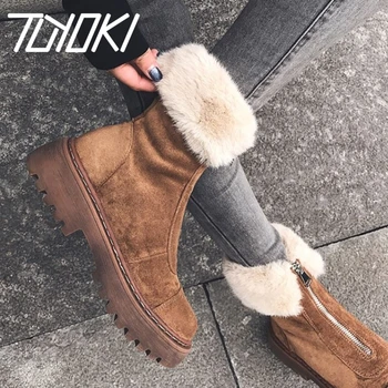 

Tuyoki Women Snow Boots Real Leather Warm Fur High Heel Winter Shoes Woman Plush Fashion Platform Short Boot Size 34-40