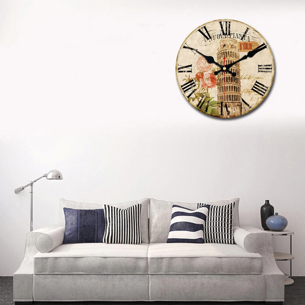 Шикарные деревянные картонные настенные часы с Башней, домашний античный стиль, украшение для гостиной, не тикающий звук 16 дюймов