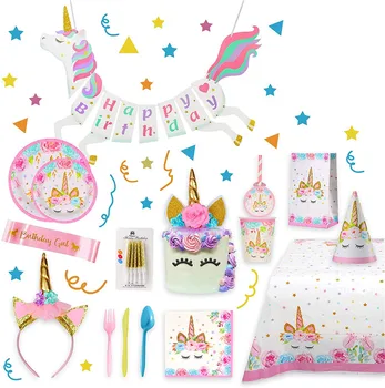 

Unicorn Theme Birthday Party Decorations Unicorn Paper Hat Napkins Plate Girl Happy Birthday Gifts Sets WQ01
