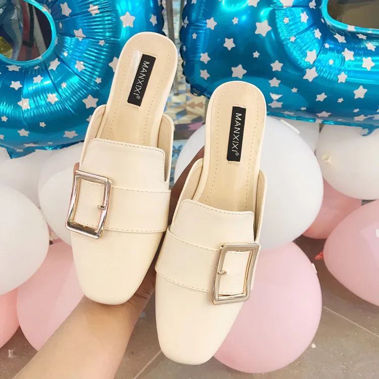 

Shoes Loafers Women's Slippers 2019 Square Toe Heeled Mules Low Slides New Flat Cover Soft PU Basic Rubber Fabric Rome Concise