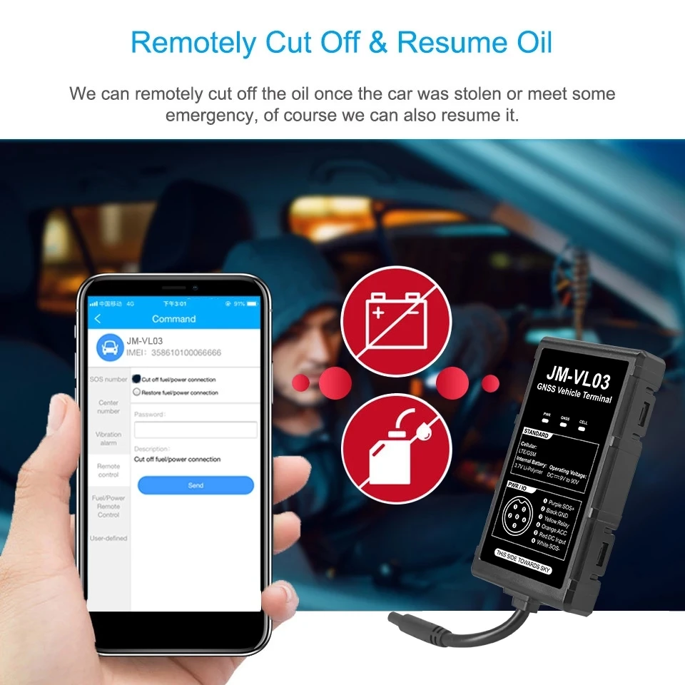 JM-VL03 4G Car GPS Tracker Waterproof 9-90VDC Real-time Tracking Alerts Via APP Web GV20 Tracker for Car Moto