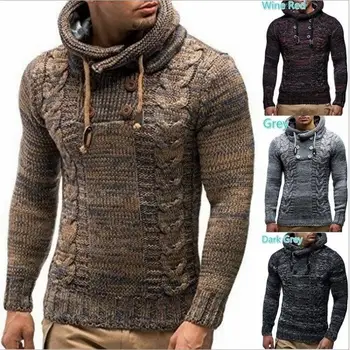 

OLOEY Autumn and Winter Men's High Round Neck Sweater Long Sleeve Pullover Top Flower Double-breasted Hooded Slim Sweater