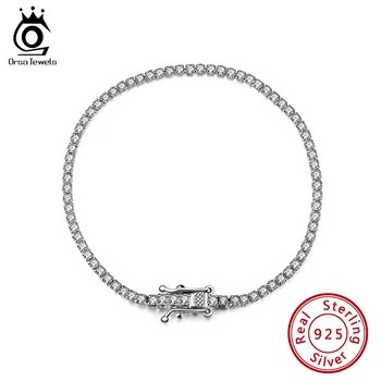 

ORSA JEWELS Authentic 925 Sterling Silver Tennis Bracelets Pave Clear Cubic Zircon Silver Bangle Girls Party Jewelry Chain SB61