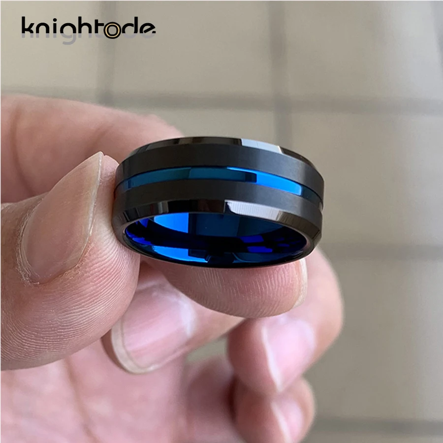 8mm Blue Wedding Ring Men Women Black Tungsten Carbide Engagement Rings Satin Grooved Beveled Comfort Fit