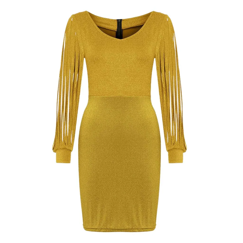 New Fashion Sexy Women V Ncek Solid Sequined Glitter Stitching Shining Club Sheath Long Sleeved Mini Dress For Female