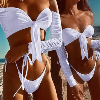 

Sexy Lingerie Set Women's Fashion Swimwear Women Long Sleeve Solid Strap Bow Ruched Swimsuit Push Up Bikinis Set #4n14