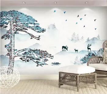 

CJSIR Customized Large-scale Murals New Chinese Style Ink Landscape Water Flowing Wealth Welcoming Pine Background Wallpaper