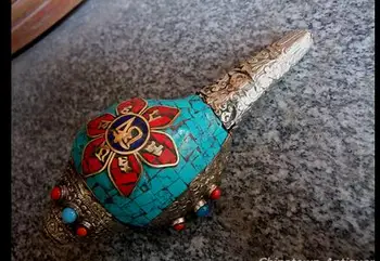 

Decorative Handmade Nepal Tibetan Old silver Buddhism Whistle horn Silver Alloy Inlay Conch Shell Trumpet Turquoise Vajra Dorje