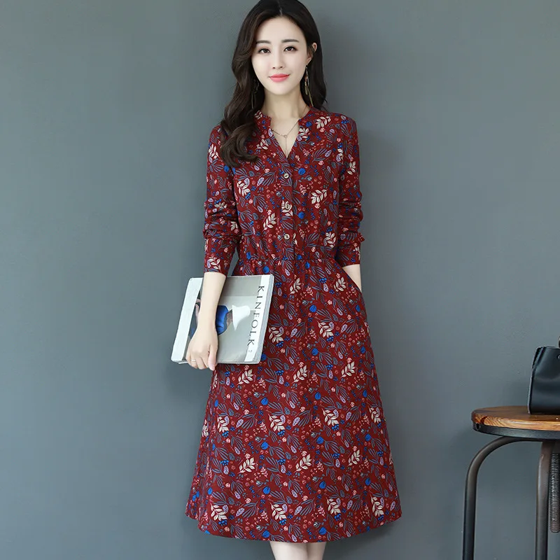 

2018 Spring Clothing New Style V-neck Floral Cotton Linen Dress Women's Mid-length Spring And Autumn Long Sleeve Waist Hugging P