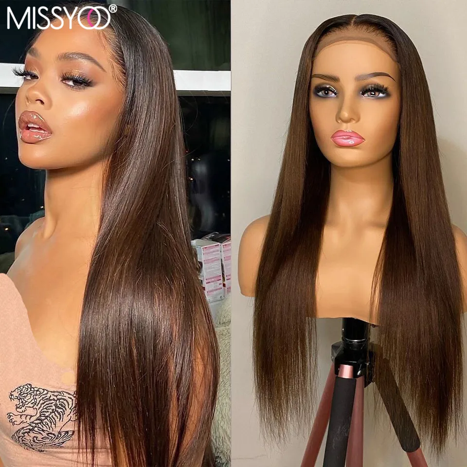 Pelucas de cabello humano ombré marrón, peluca recta de color 4x4 con cierre de encaje, pelo de bebé para mujer, cabello Remy brasileño, peluca de malla con división