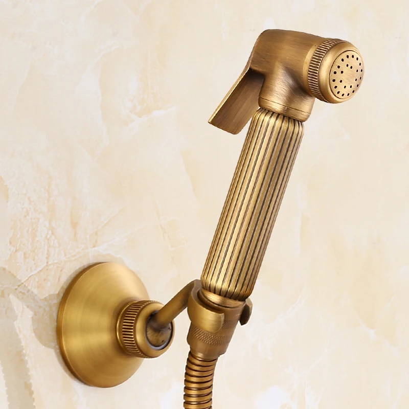 Old brass hand vacuum cleaner, bathroom faucet, shower tub with water pipe and bracket