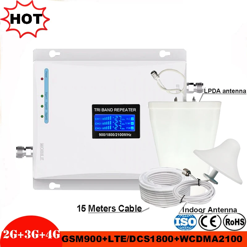 

2G 3G 4G Tri Band Cellular Signal booster GSM900 4G DCS/LTE1800 3G WCDMA2100mhz Cell Phone Signal amplifier mobile gsm Repeater