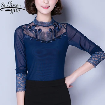 

New Arrival 2019 Autumn New Fashion Collar Lace Sweater Long Sleeves Slim Lace Blouse Plus Size Lace Shirt with 880F 25