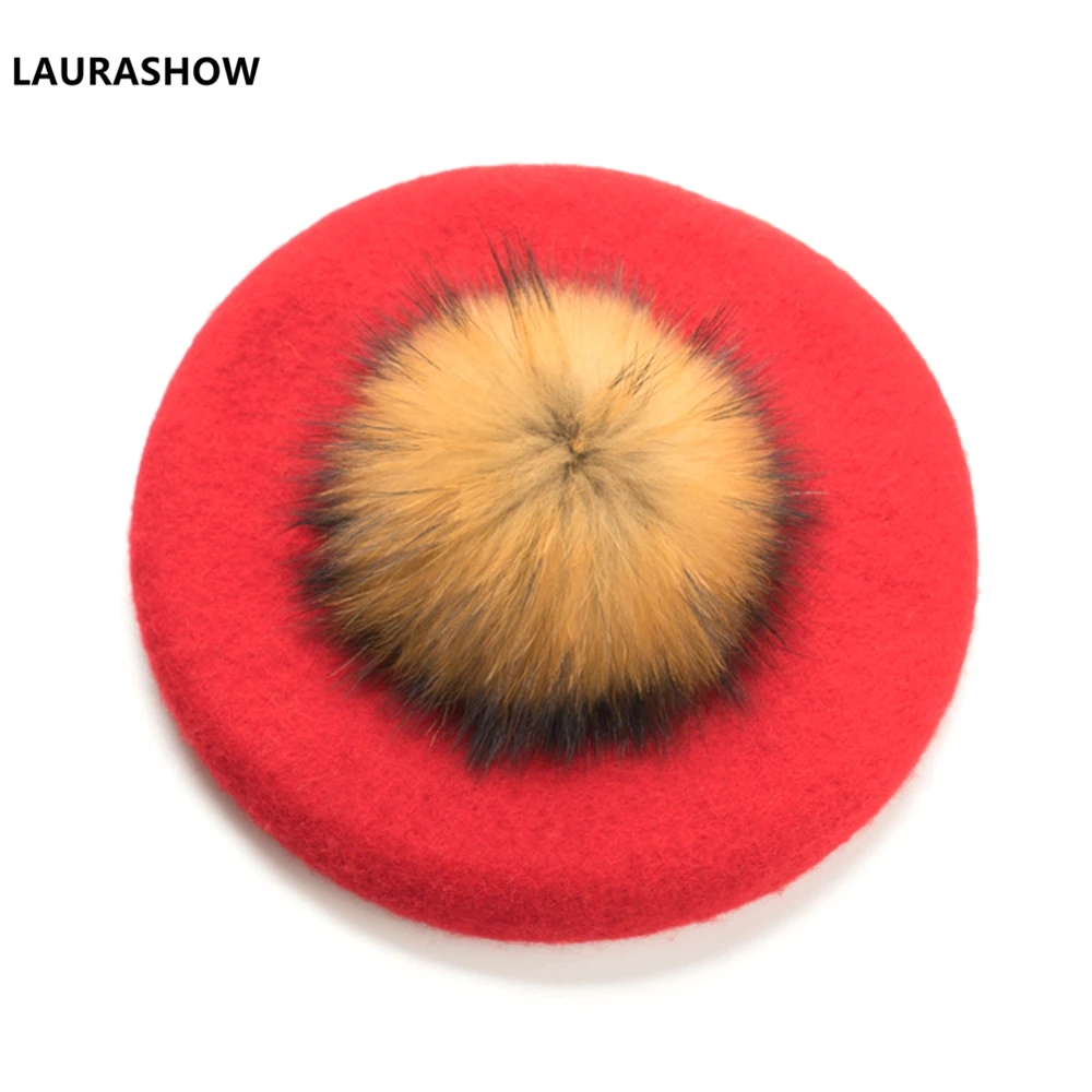 13cm natural pompom Laurashow, детский берет, теплая шерстяная зимняя шапочка, шапка с помпонами из натурального меха, винтажные простые Детские береты для девочек, шапки для родителей и детей - Цвет: 13cm natural pompom