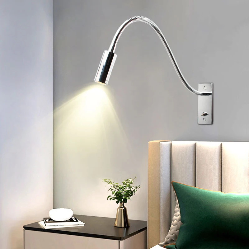 

Flexible Pipe 3W LED Wall Light Fixture Bedside Reading Lamp Switch Flush Mounted Gooseneck Spotlight Bedroom Aluminum 4000K