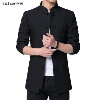 

Mandarin Collar Men Black Suit Jacket Frog Closure Single Breasted Chinese Letter Embroidery Mens Tang Jacket Stand Collar Coat