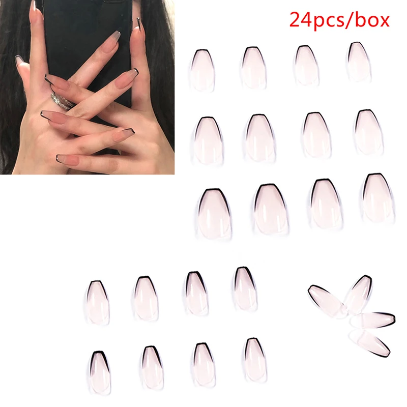 24PCS/SET Black Border Wear Long False Nail Full Cover Wearable Coffin Fake For Art | Красота и здоровье