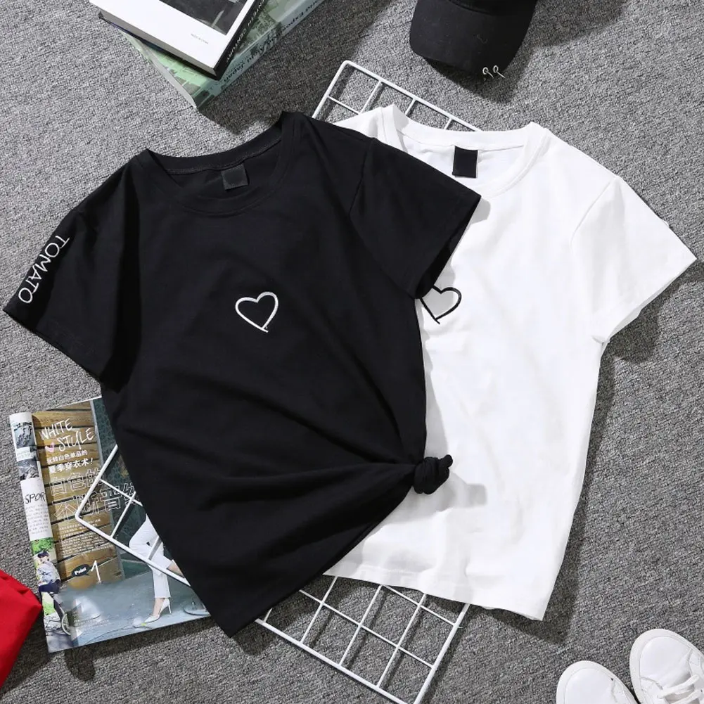 

Women Short Sleeve T Shirt Letters Embroidery Round Neck Casual Summer Tops Tee IK88