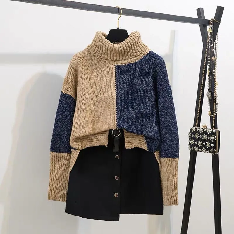 

2019 New Autumn Winter Women Color Block Turtleneck Long Sleeve Sweaters Pullovers + Wool Belt Mini Skirt Set 2PCS Clothing Set