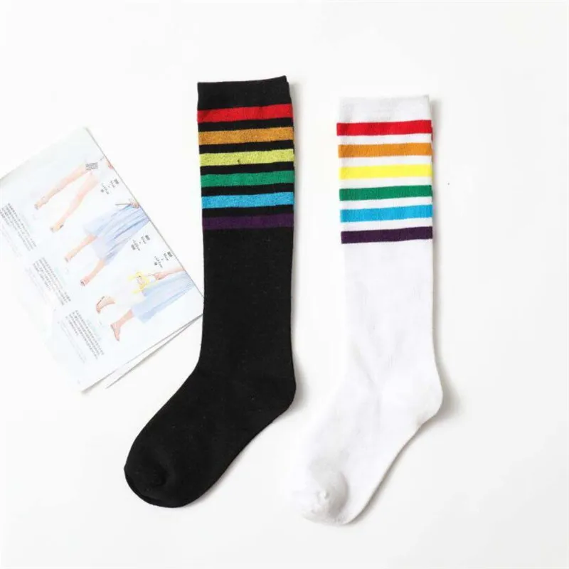 

Kawaii Womens Long Rainbow Socks Sexy Multicolor Stripes Cotton Student Style Party Street Dancing Knee Sock